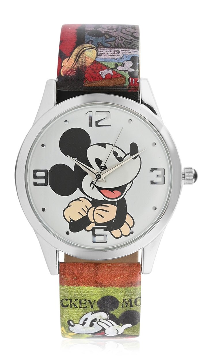 Model: Disney Mickey Mouse Watch with Large Green Colored Face and Printed Comic Strap