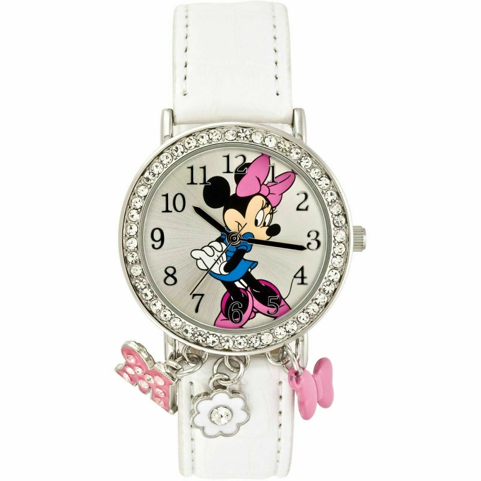 Model: Disney Minnie Mouse Analog Quartz Watch with Dangle Charms and Faux Crocodile Strap