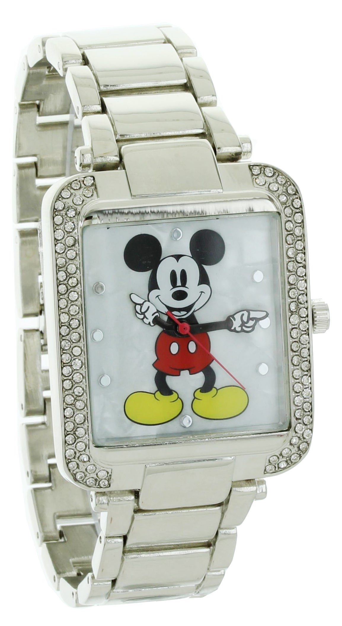 Model: Disney Time Works Mickey Mouse Watch with Square Face and Metal Band with Stone