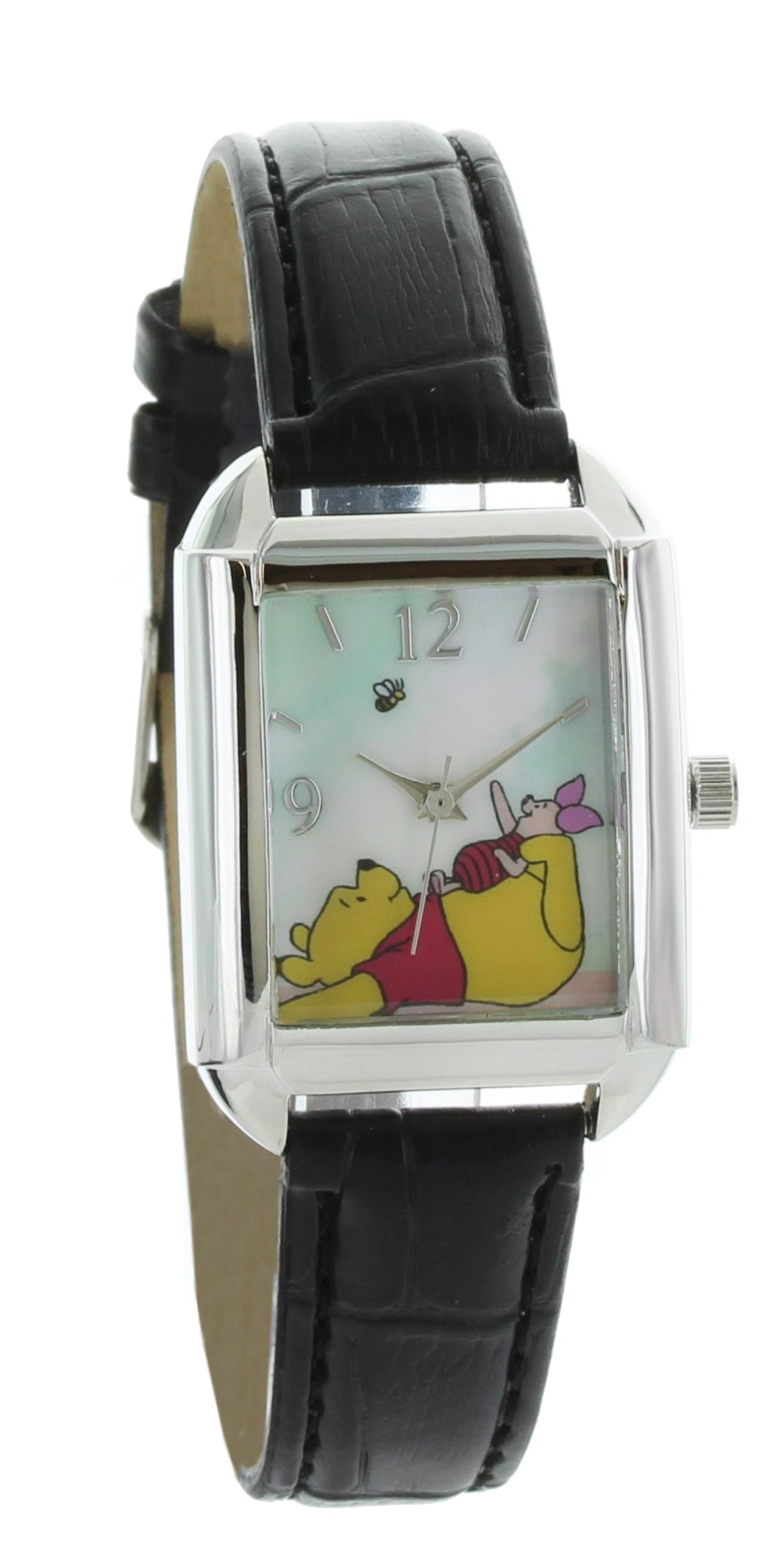 Model: Women’s Disney Watch Features Winnie Pooh and Piglet Watching a Bee, in Silver Tone with Black Band