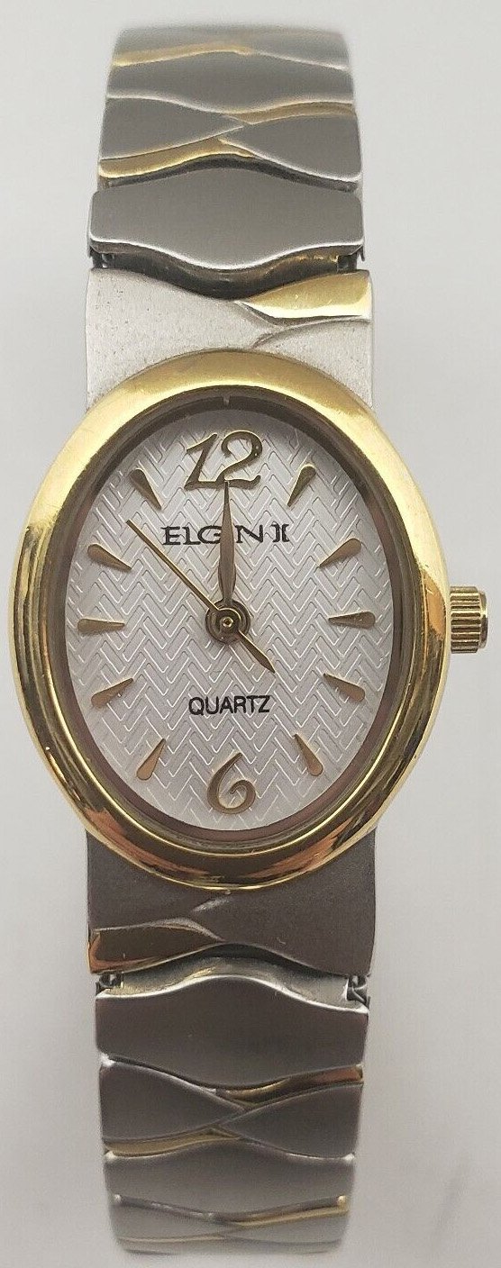 Model: Elgin Ladies Two Tone Silver Quartz Watch with Accent Expansion Band
