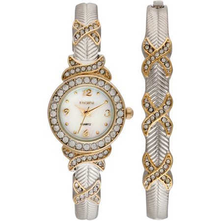 Model: Elgin Ladies Watch with Two Tone "X" Bangle with Stones and Matching Bangle Set
