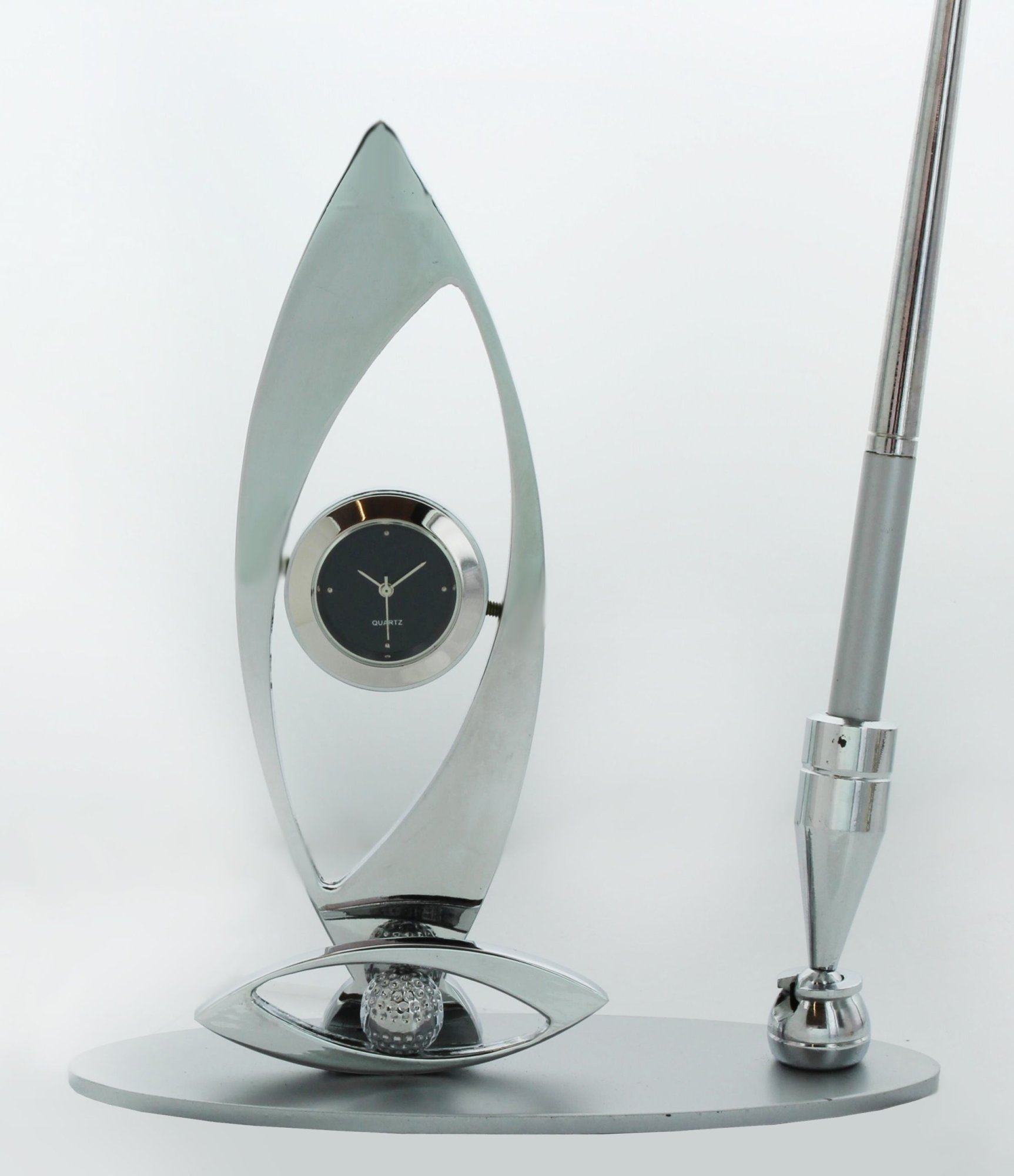 Model: Golf Pen Holder With Clock Desk Top Set in Stainless Steel