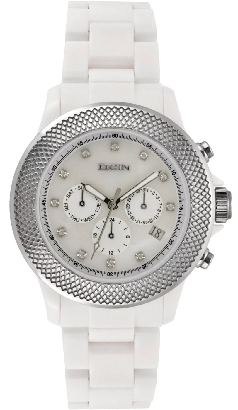 Model: Elgin Ladies Watch EG7040W Silver Metal Bezel Chronograph