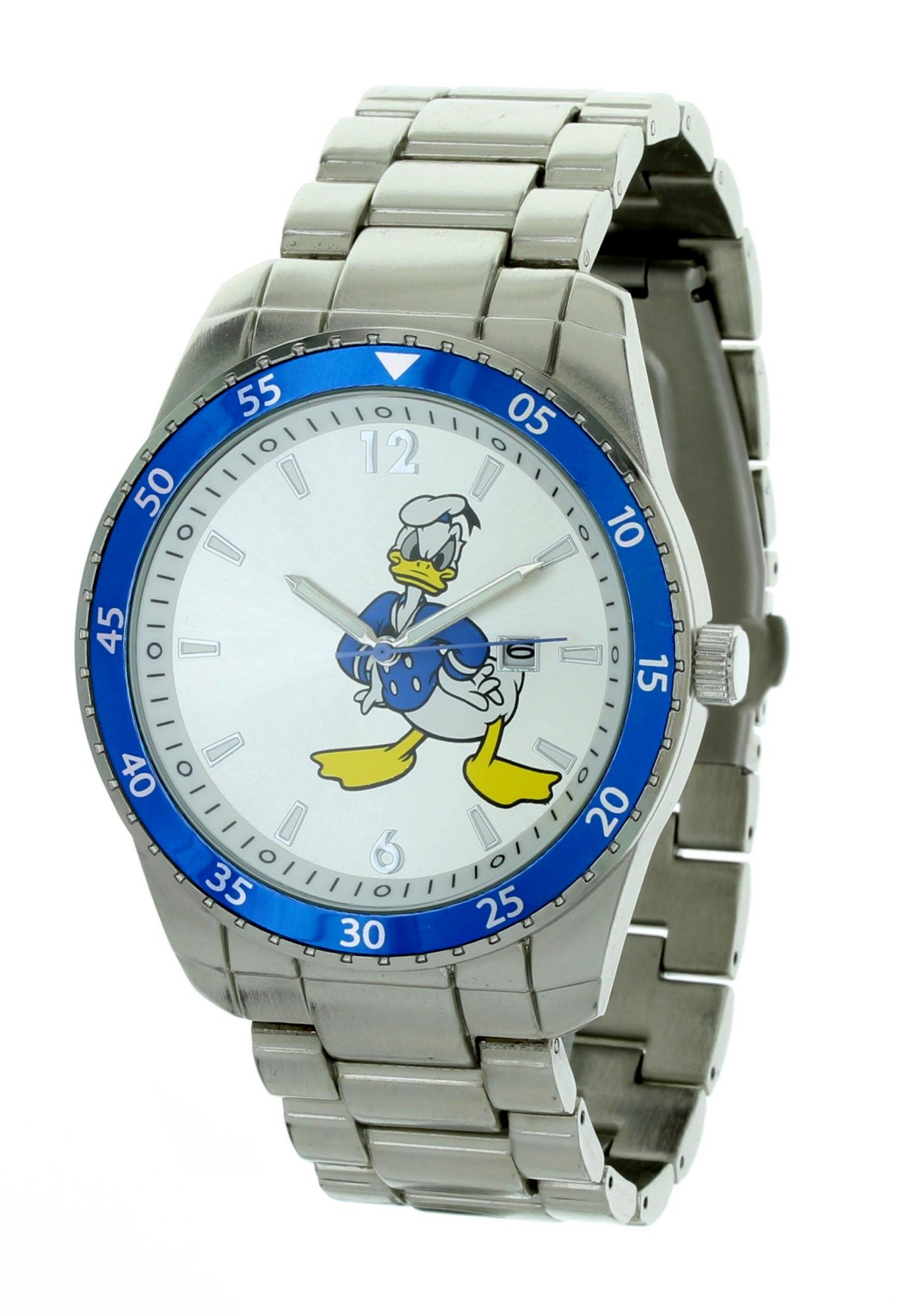 Model: Men's Disney Donald Duck Silver Dial Metal Strap Watch with Blue Bezel and Date