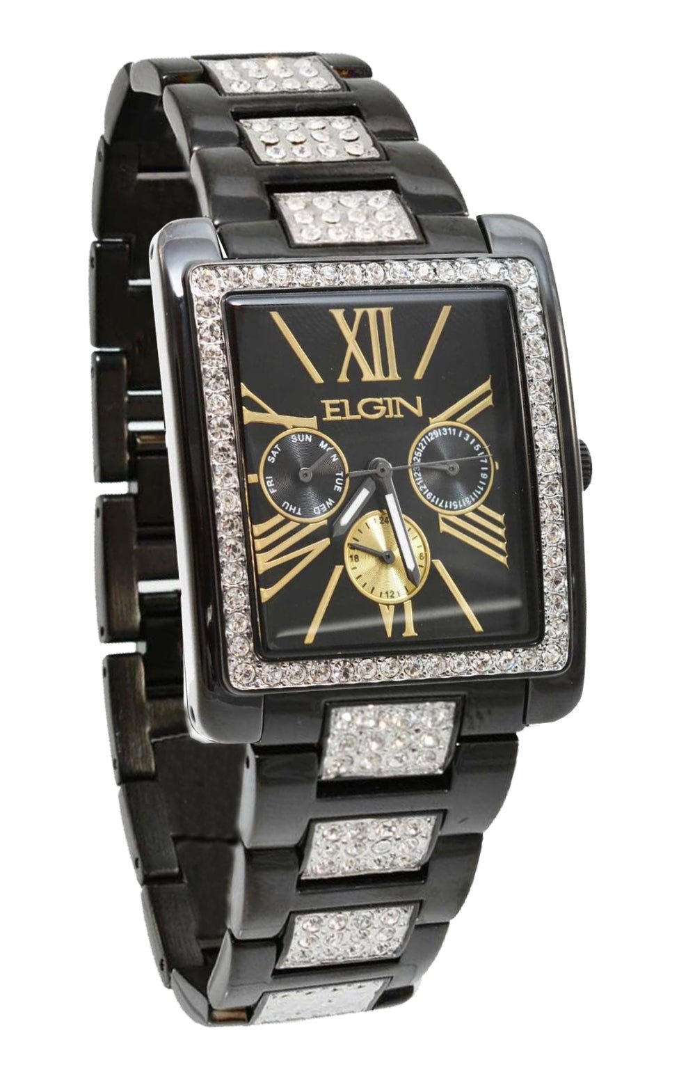 Model: Men's Elgin Black IP Crystal Band & Dial Multifunction Quartz Watch
