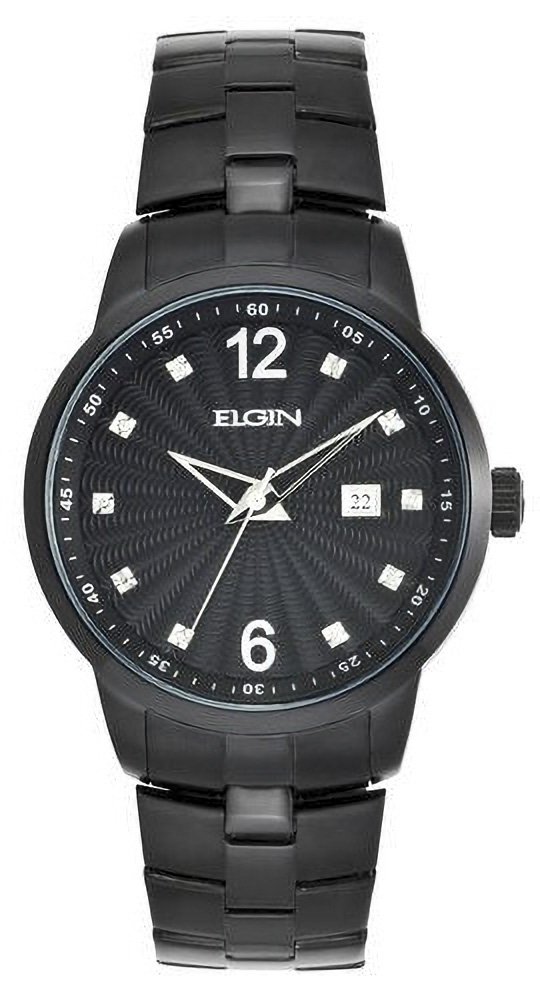 Model: Men's Elgin Black Stainless Steel Watch with Stone Accents