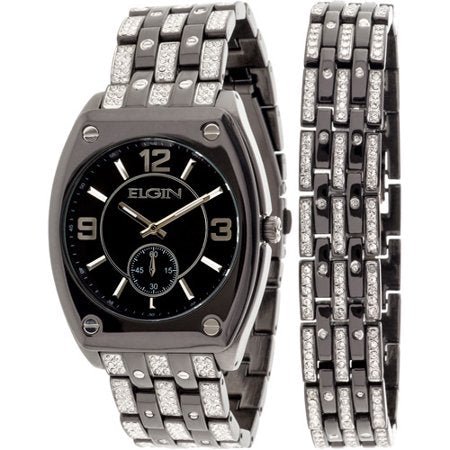 Model: Elgin Men's Crystal Accented Ionic Watch and Matching Bracelet in Black