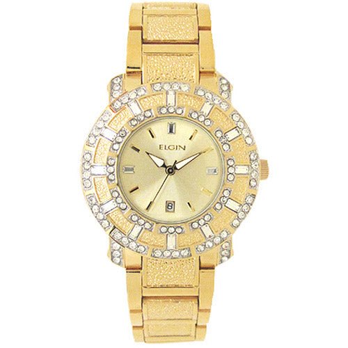 Model: Men's Elgin Crystal Accented Watch with Champagne Dial with Date in Gold Color