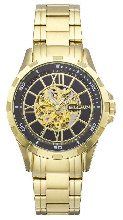 Model: Elgin Men's Skeleton Dial Gold Color Stainless Steel Automatic Watch FG9040.