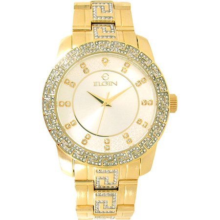 Model: Elgin Men's Gold Oversized Watch with Genuine Crystals on Bezel and Band
