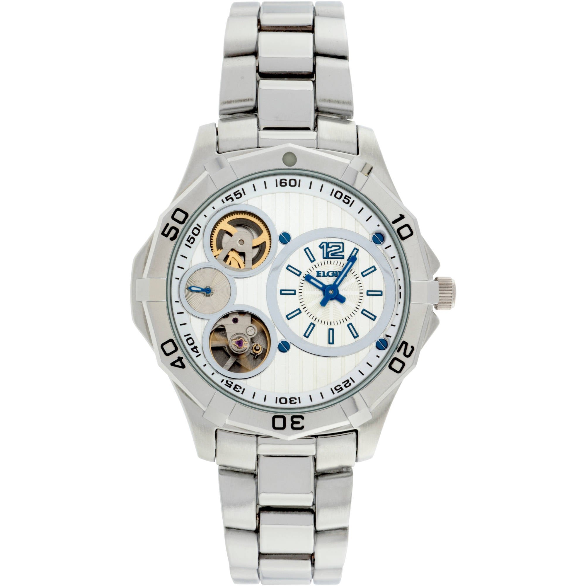 Model: Men's Elgin Semi Automatic Bracelet Watch with Silver Tone Round Case and White and Silver Dial
