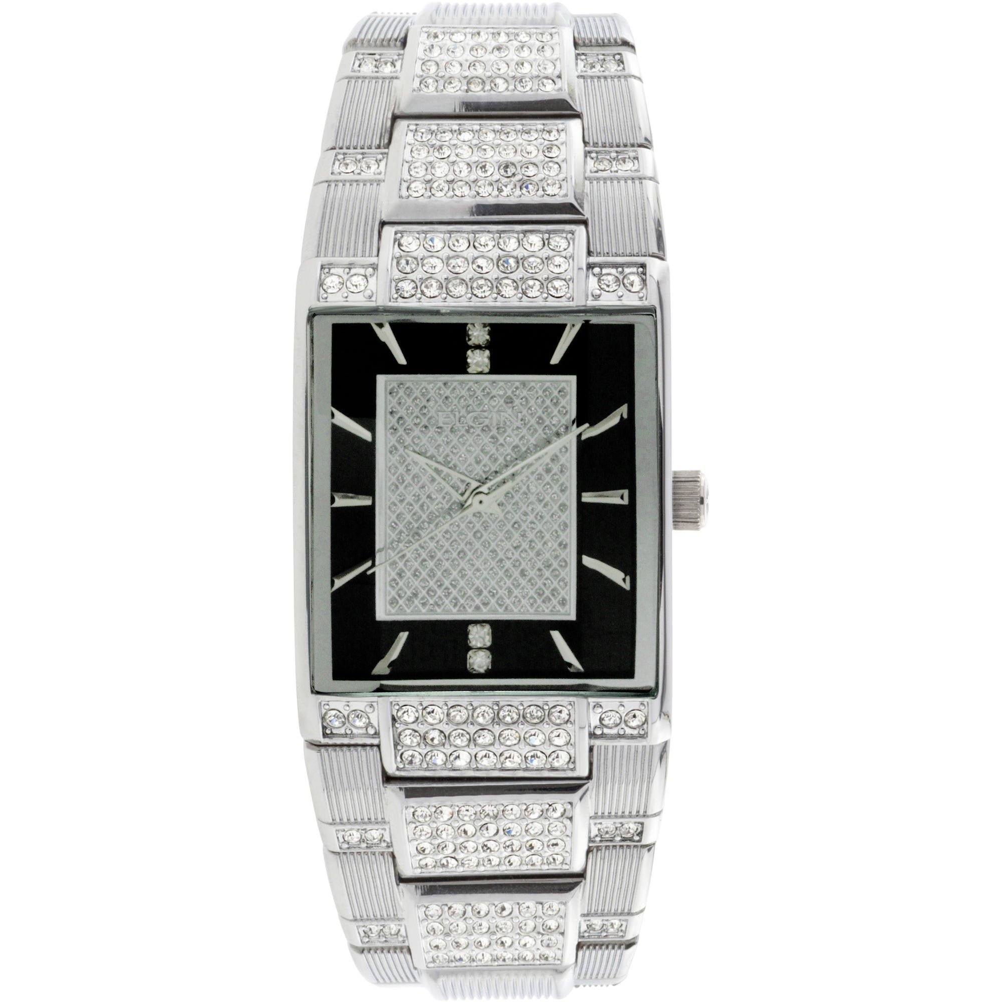 Model: Men's Elgin Silver Tone Watch with Black Dial and Crystal Accented Jewelry Clasp Bracelet