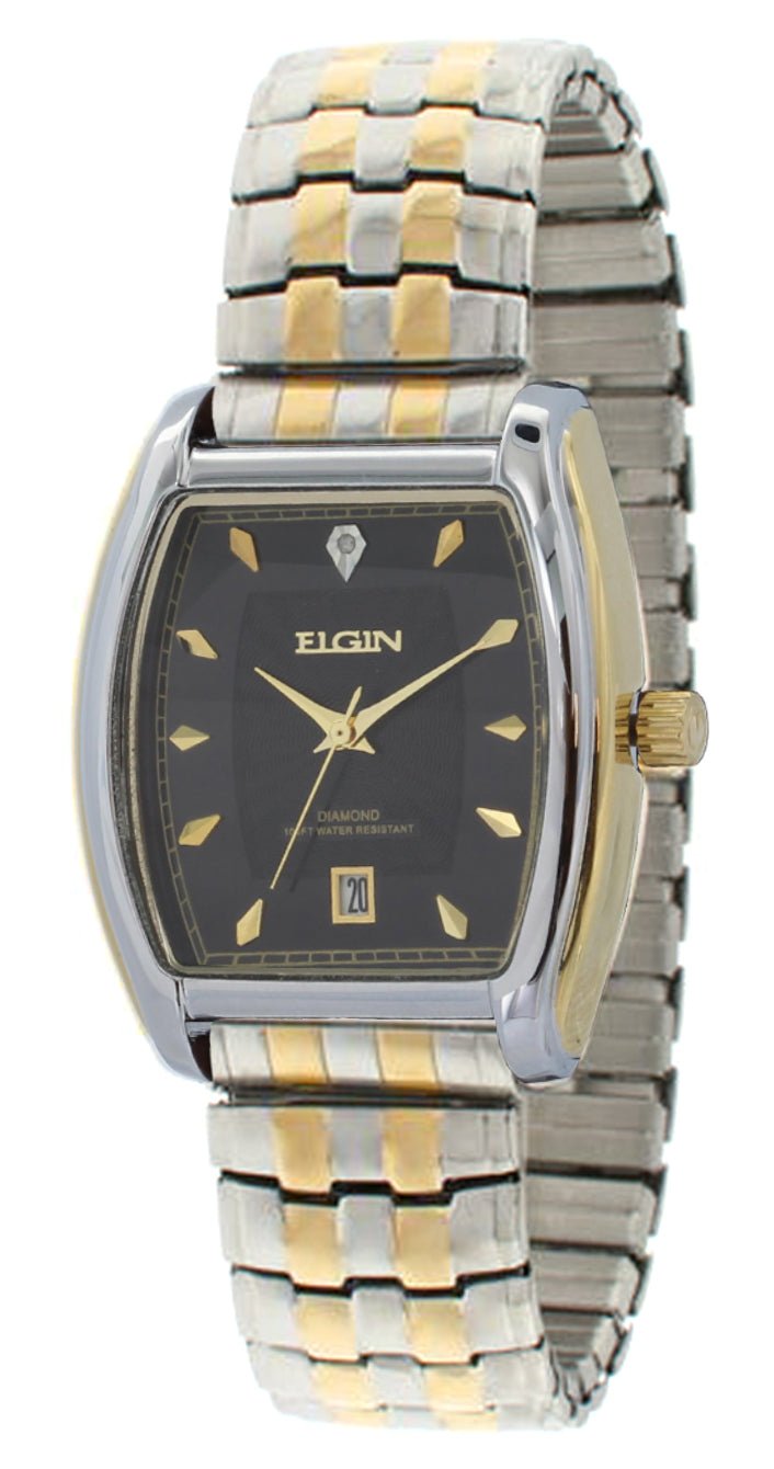 Model: Men's Elgin Two Tone Expansion Watch with Black Dial and Genuine Diamonds