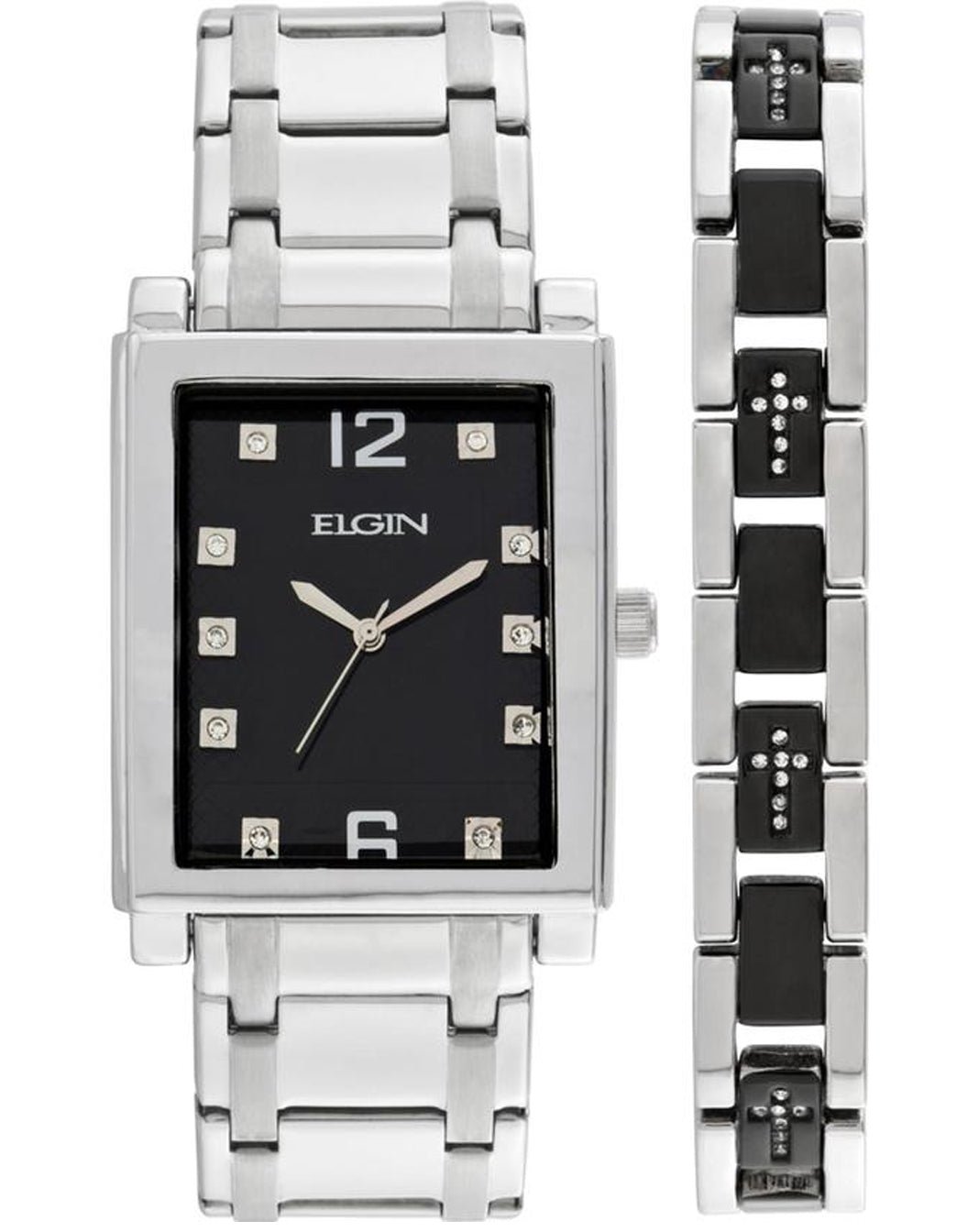Model: Elgin Men's   Watch in Crystal Accent Silver Tone and Black with Cross Bracelet Set