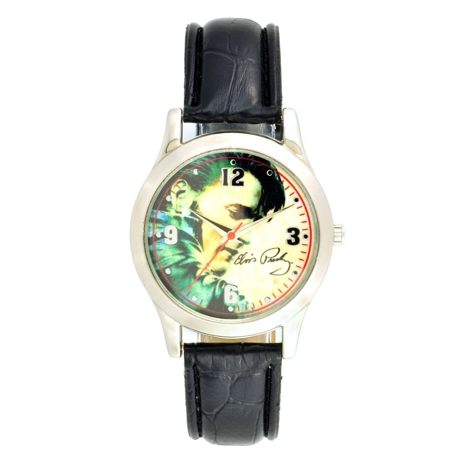 Model: Men's Elvis Presley Watch with Round Silver Tone Case and Black Strap