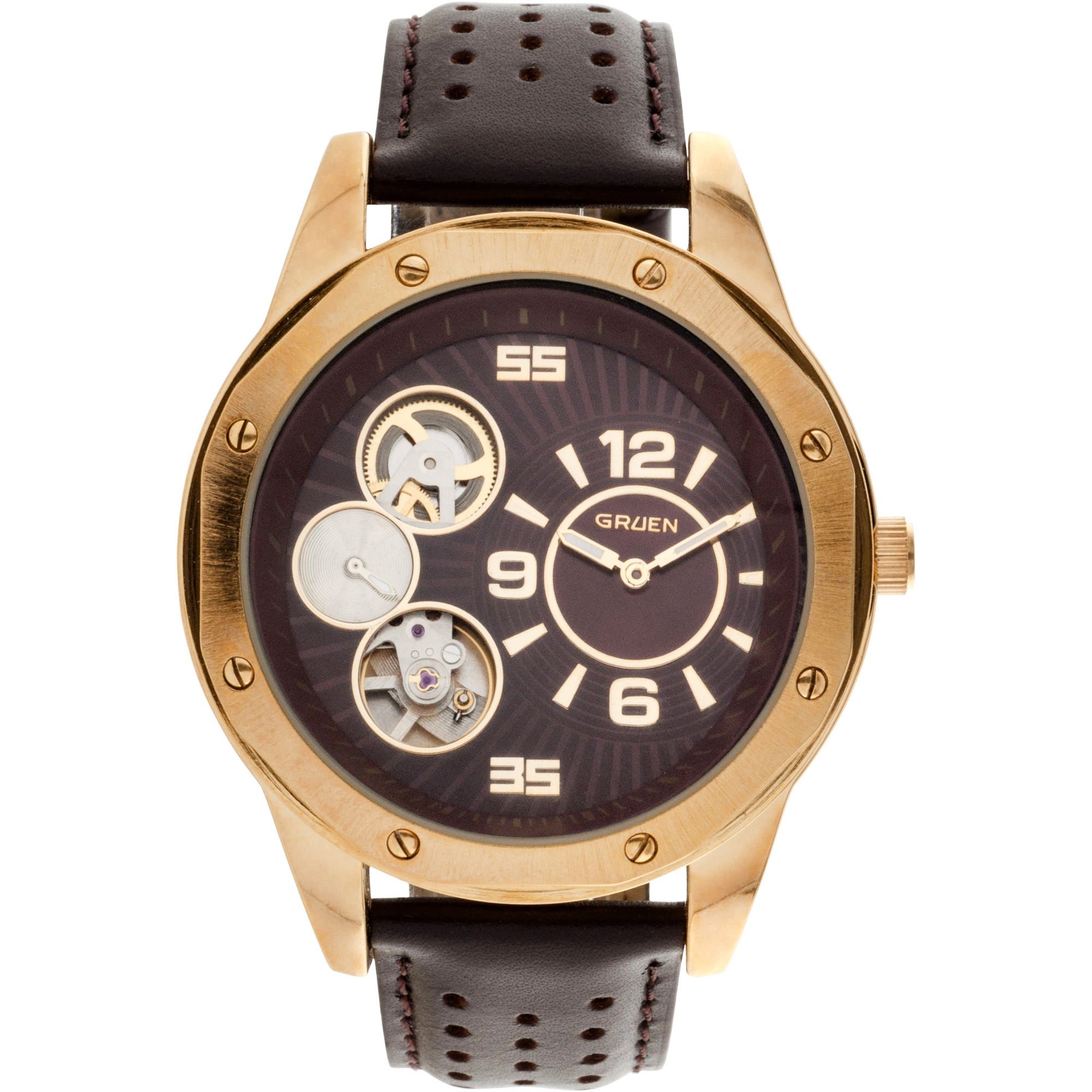 Model: Men's Gruen Semi-Automatic Watch with Round Polished Gold Case and Genuine Brown Leather Strap