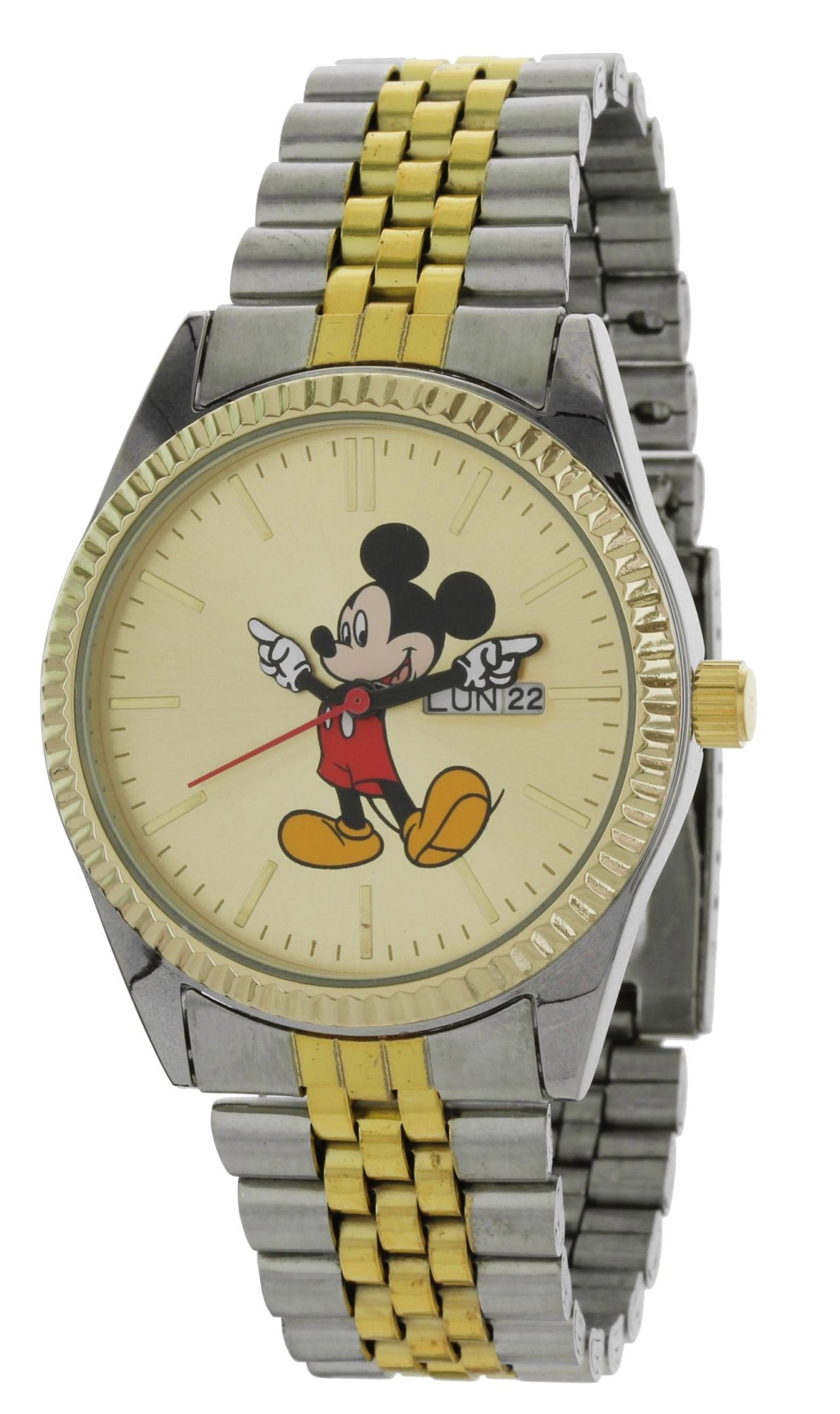 Model: Men's Mickey Mouse Watch in Gold and Silver with Day and Date
