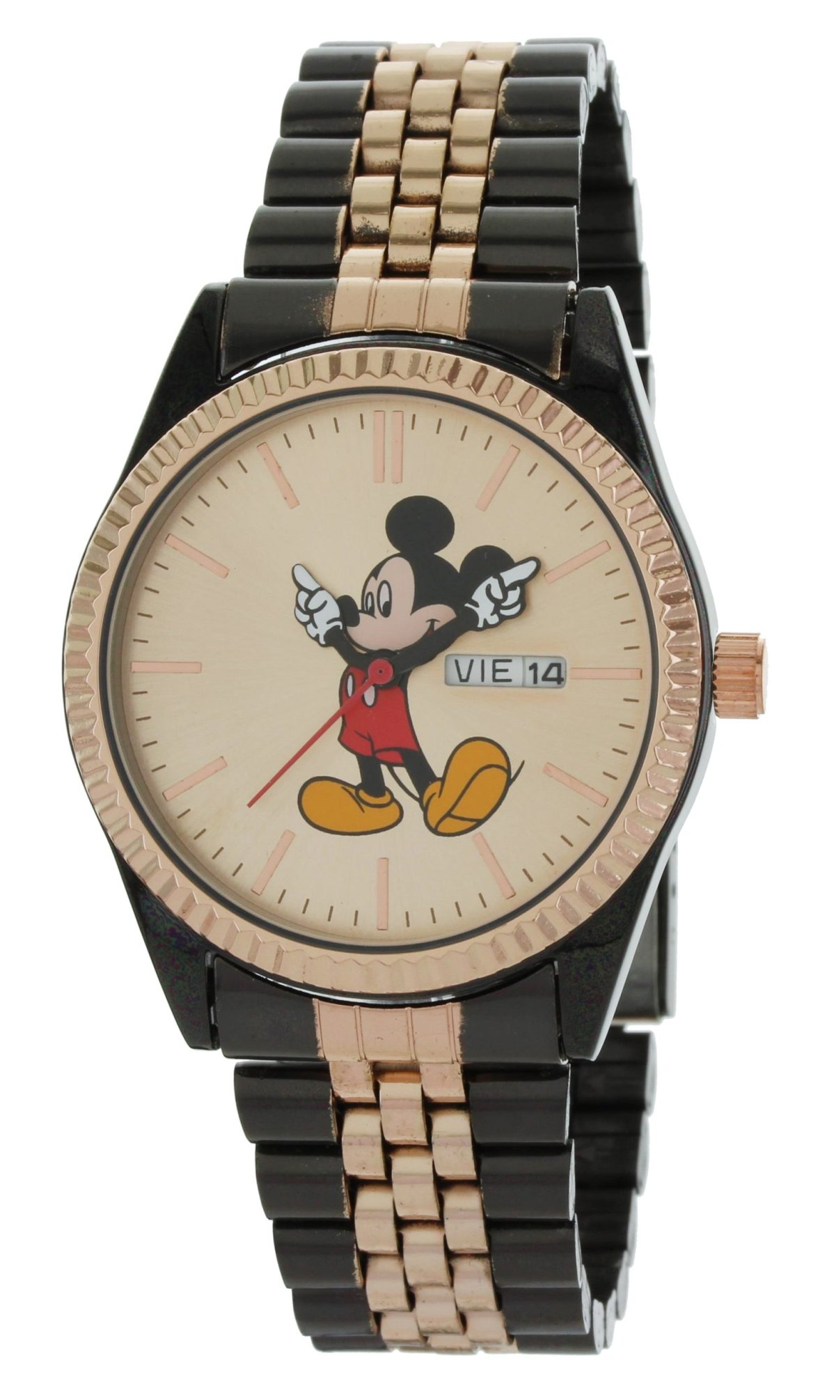 Model: Men's Mickey Mouse Watch in IP Black and Rose Gold with Day and Date