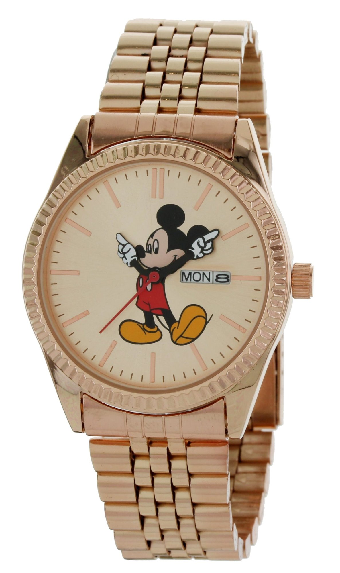 Model: Men's Mickey Mouse Watch in Rose Gold with Day and Date