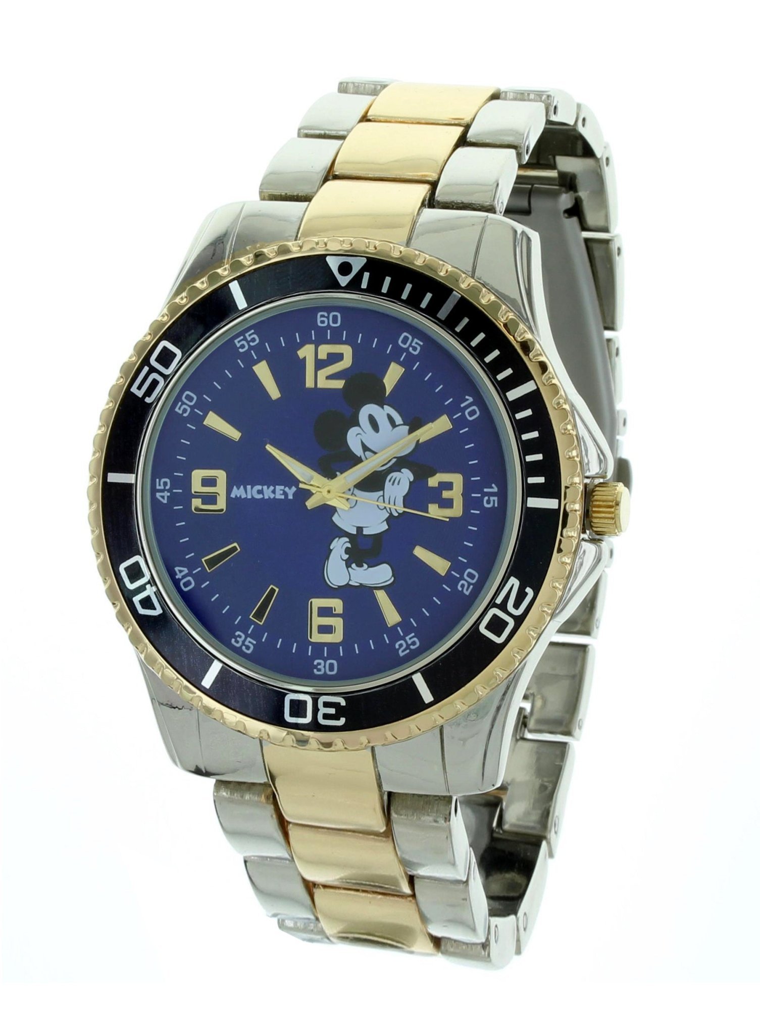 Model: Men's Mickey Mouse Watch with Two Tone Metal Case and Strap with Black Bezel and Blue Dial