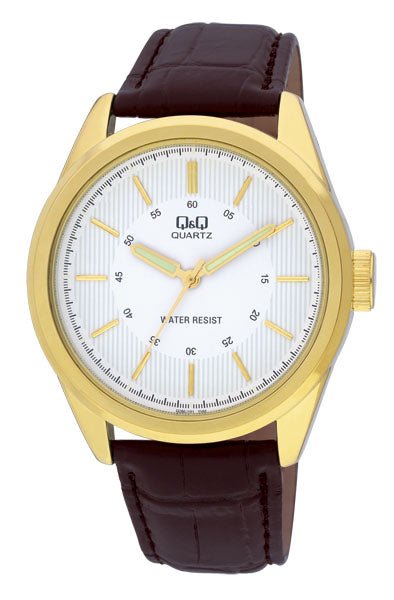 Model: Men's Q&Q Classic Watch with Goldtone Case and Dial and Brown Leather Strap