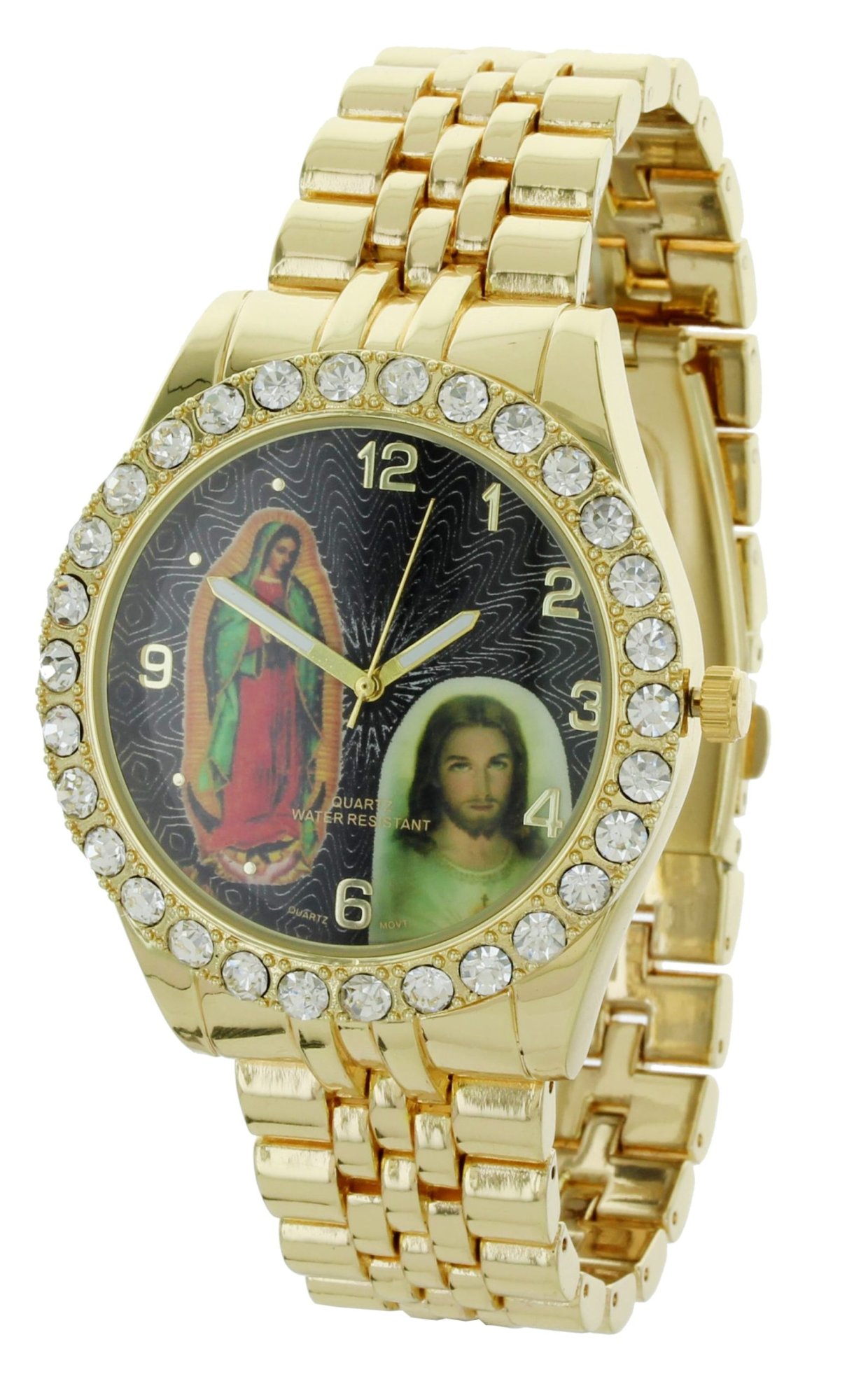 Model: Our Lady of Guadalupe and Jesus Gold-Tone Metal Bracelet Watch with Neckless and Cross Pendent Set