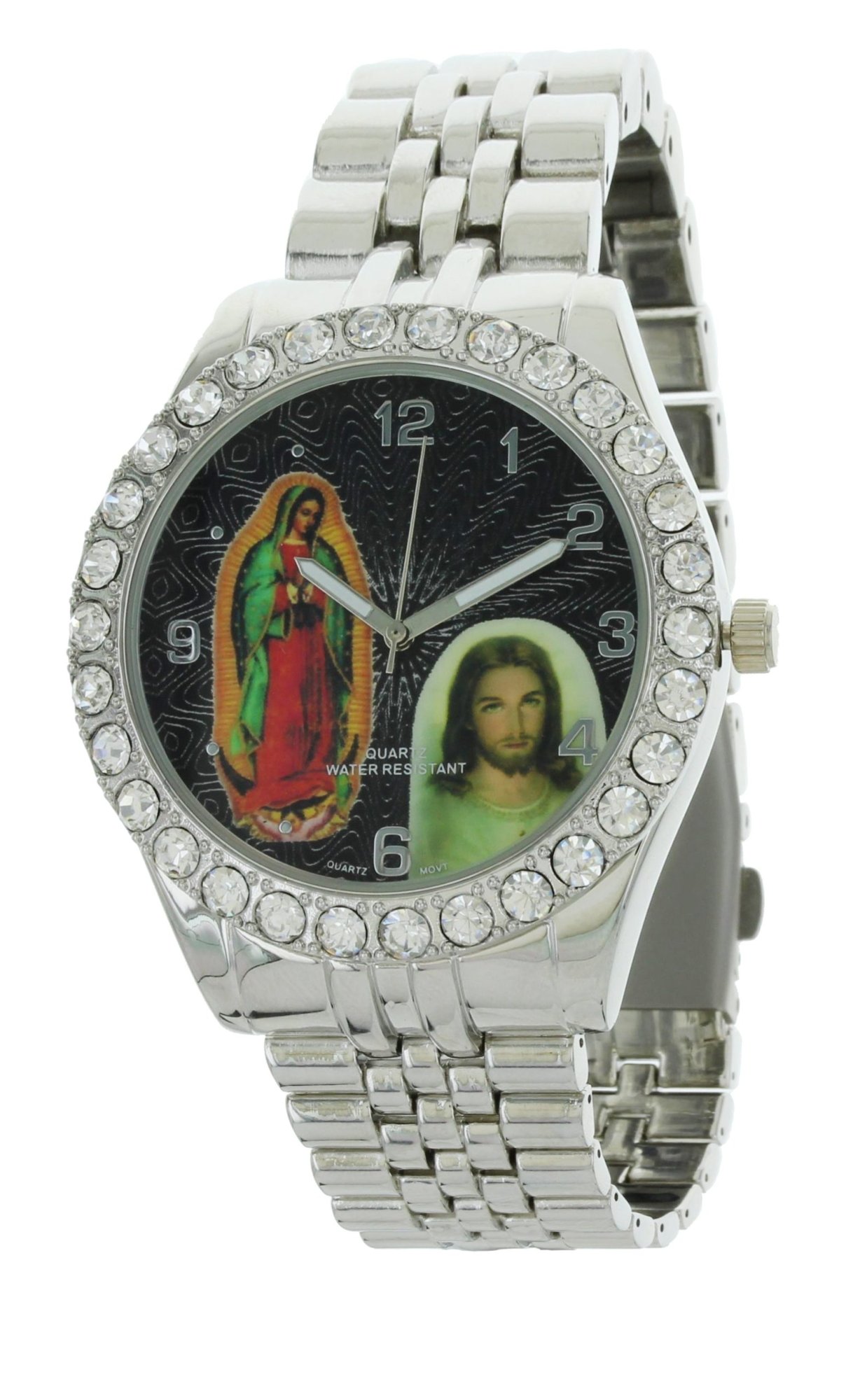 Model: Our Lady of Guadalupe and Jesus Silver-Tone Metal Bracelet Watch with Neckless and Cross Pendent Set