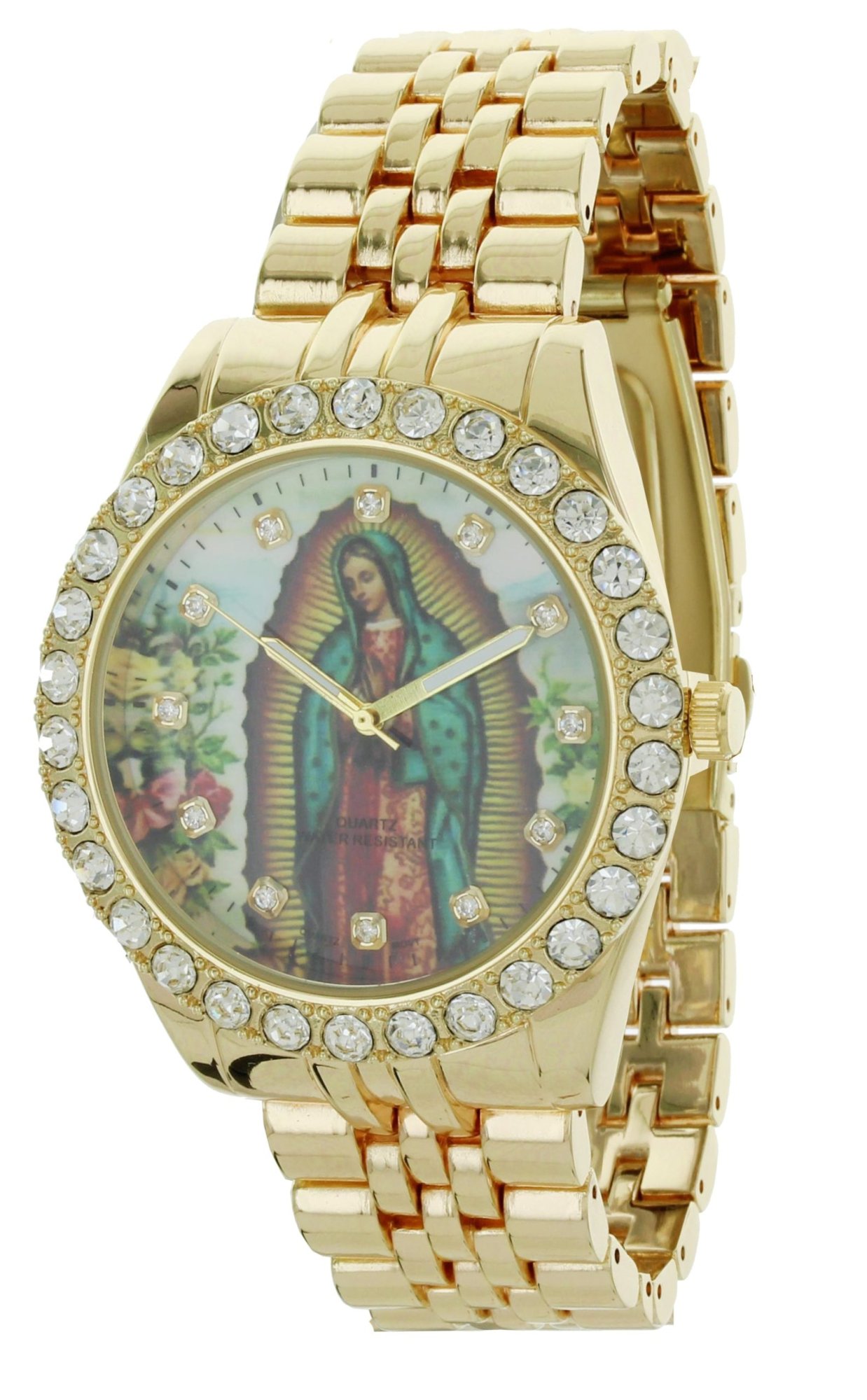 Model: Our Lady of Guadalupe Gold-Tone Metal Bracelet Watch With Neckless and Cross Pendent Set