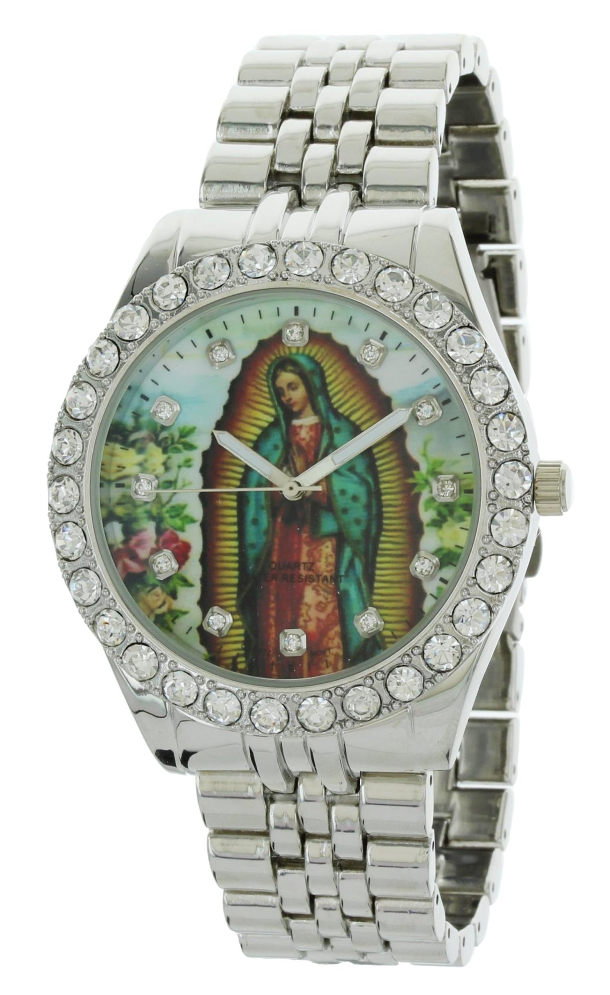 Model: Our Lady of Guadalupe Silver-Tone Metal Bracelet Watch with Neckless and Cross Pendent Set