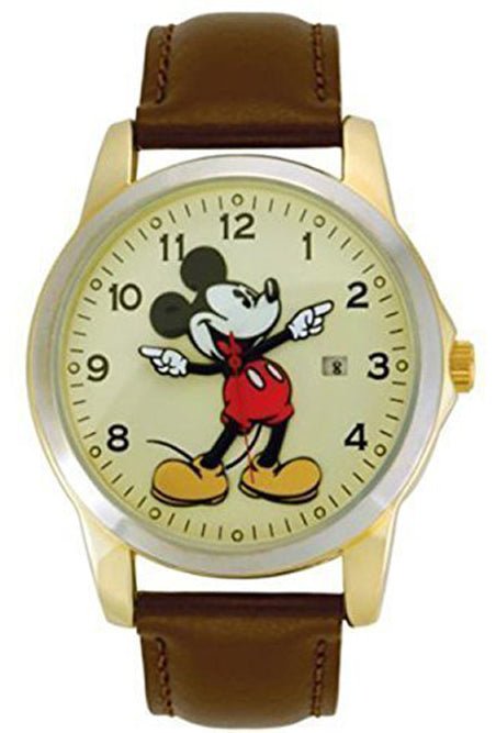 Model: Unisex Disney Mickey Mouse Classic Moving Hands Watch with Gold Tone and Leather Band