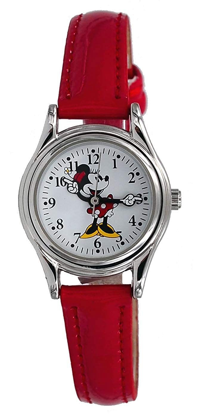 Model: Women's Disney Classic Minnie Mouse Hands Analog Watch in Silver Tone with Red Strap