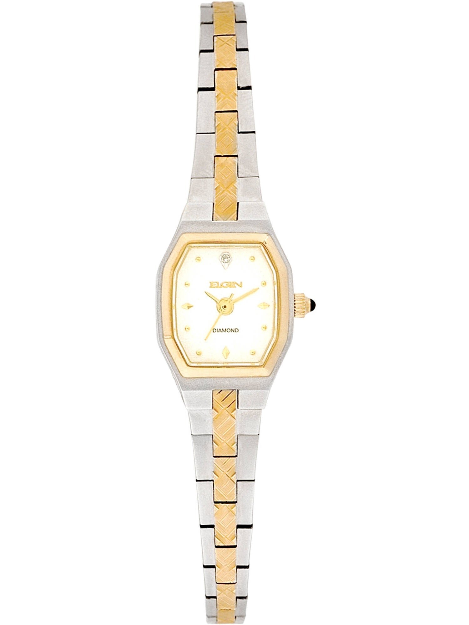 Model: Women's Elgin Accented Block Link Bracelet Watch in Two Tone Silver with White Dial Crystal