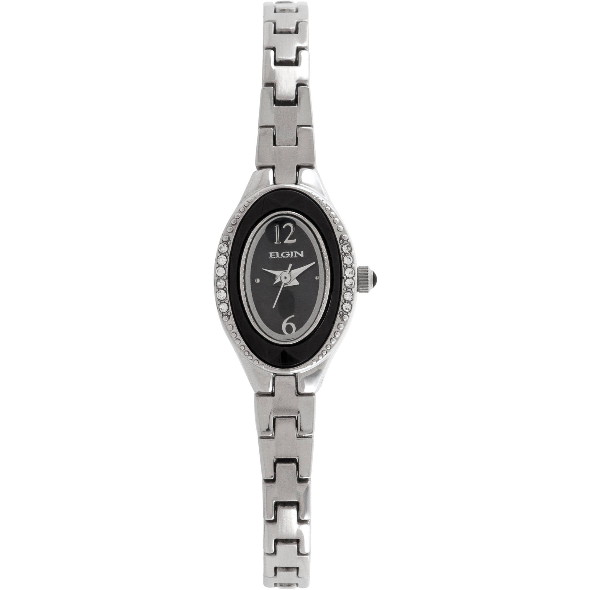 Model: Women's Elgin Bracelet Watch with Silver Oval Case and Black Dial with Czech Crystal