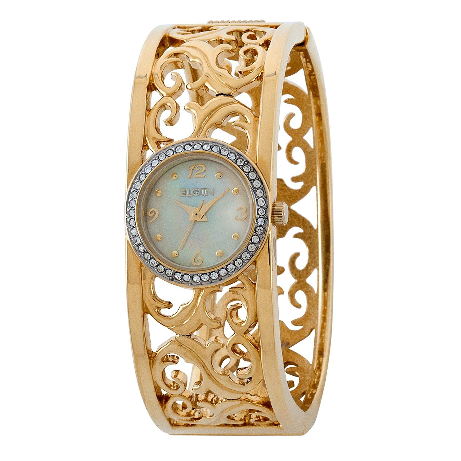 Model: Women's Elgin Gold Color Watch with White Mother of Pearl Dial and Czech Crystal with Accented Bangle