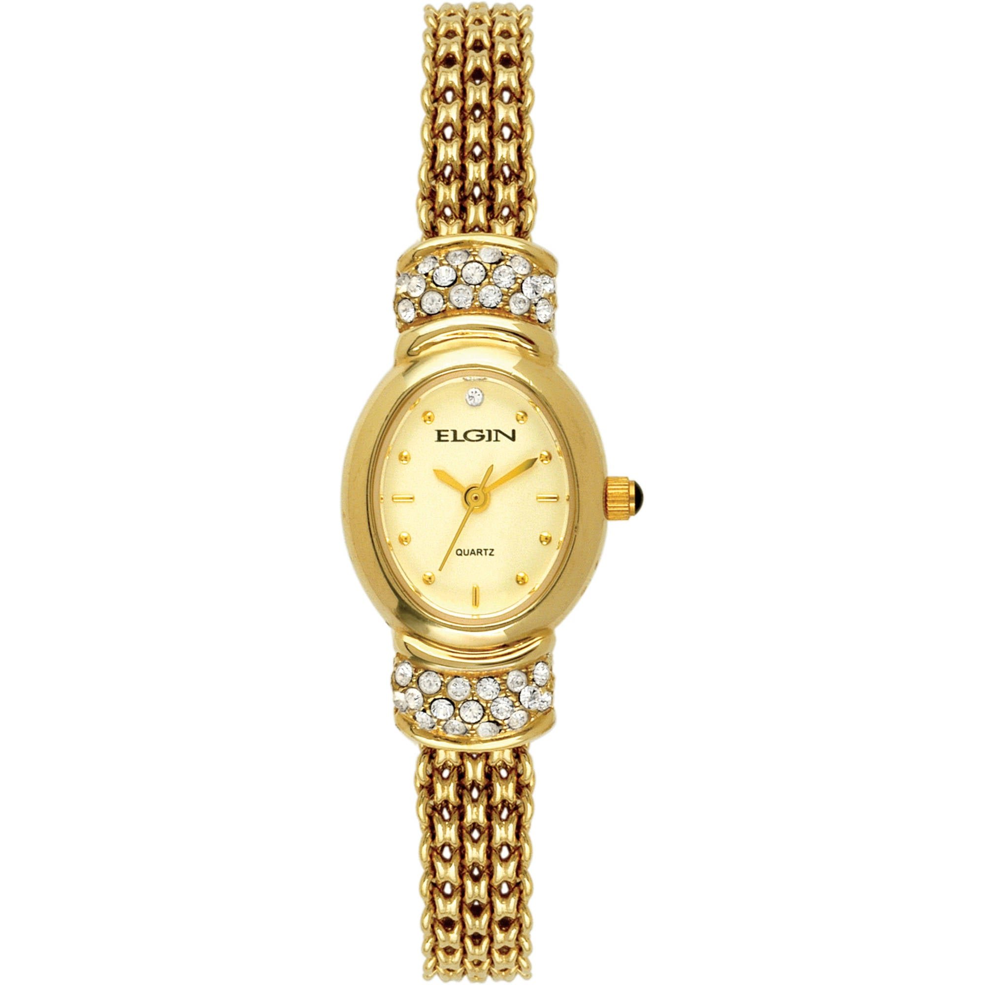 Model: Women's Elgin Gold-Tone Watch with Oval Case and Champagne Dial and Crystal Accented Mesh Bracelet