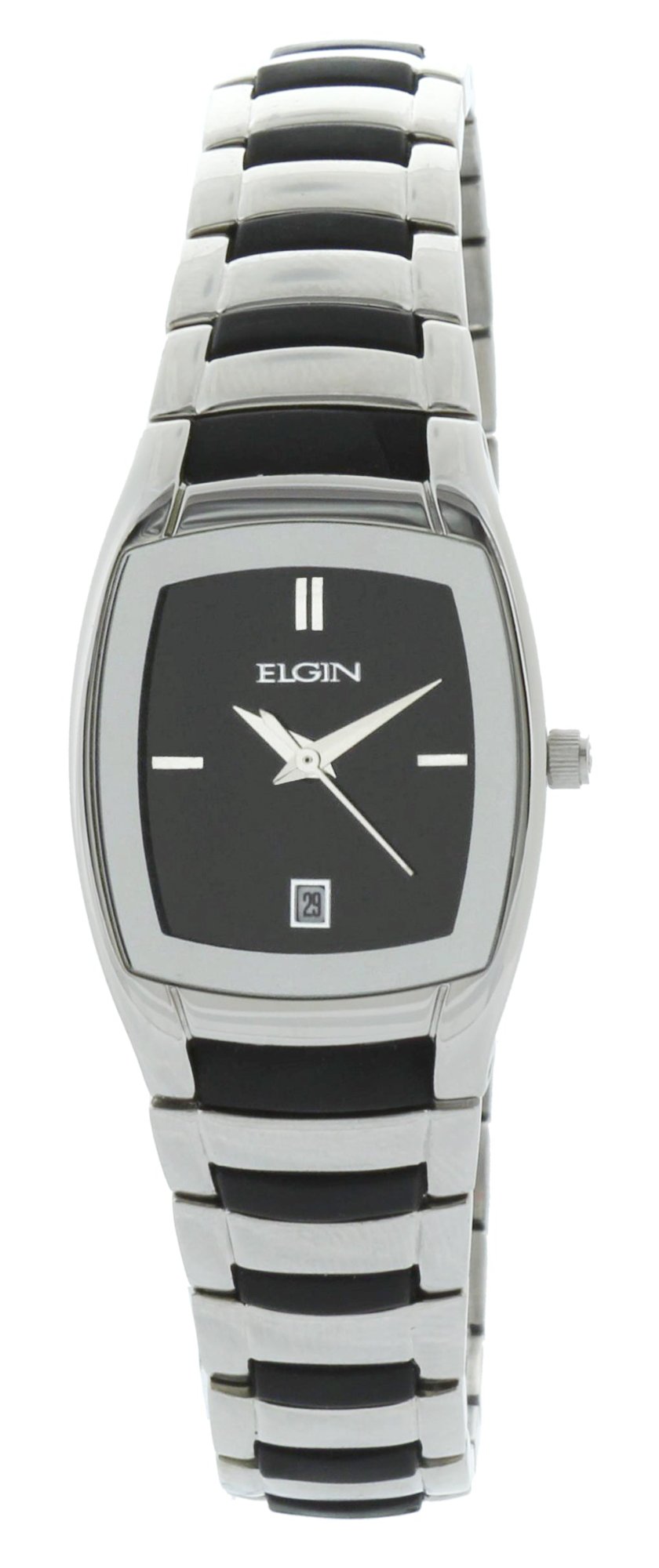 Model: Women's Elgin Integrated Bracelet Watch in Silver Tone with Black Sunray Dial and Rubber Strap