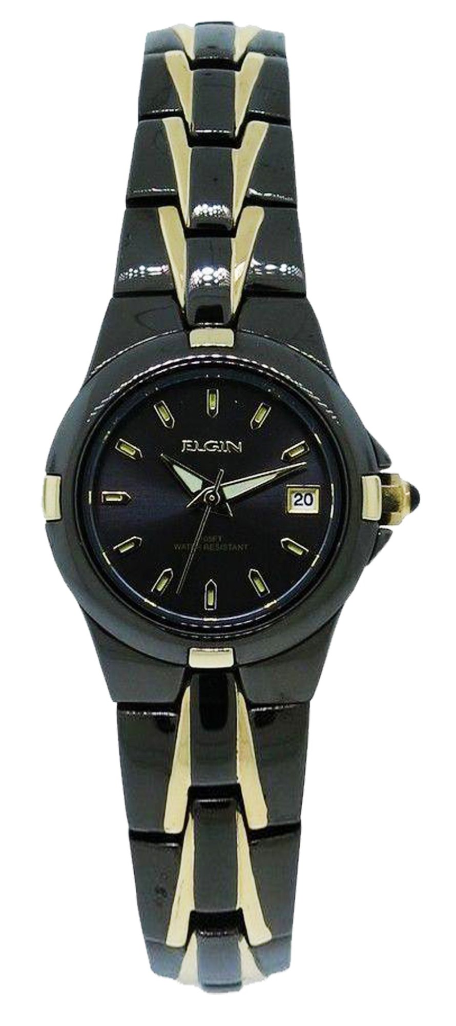 Model: Women's Elgin Round Black Analog Watch with Date Two Tone Bracelet