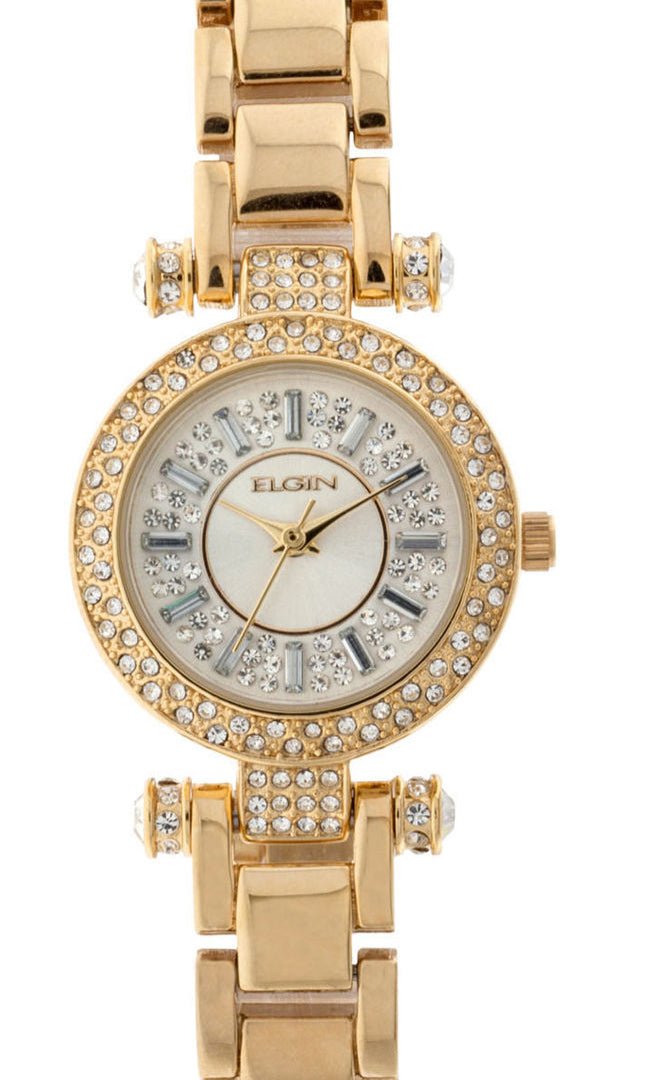 Model: Women's Elgin Sunray Analog Watch with Crystal Round Dial and Gold Bracelet