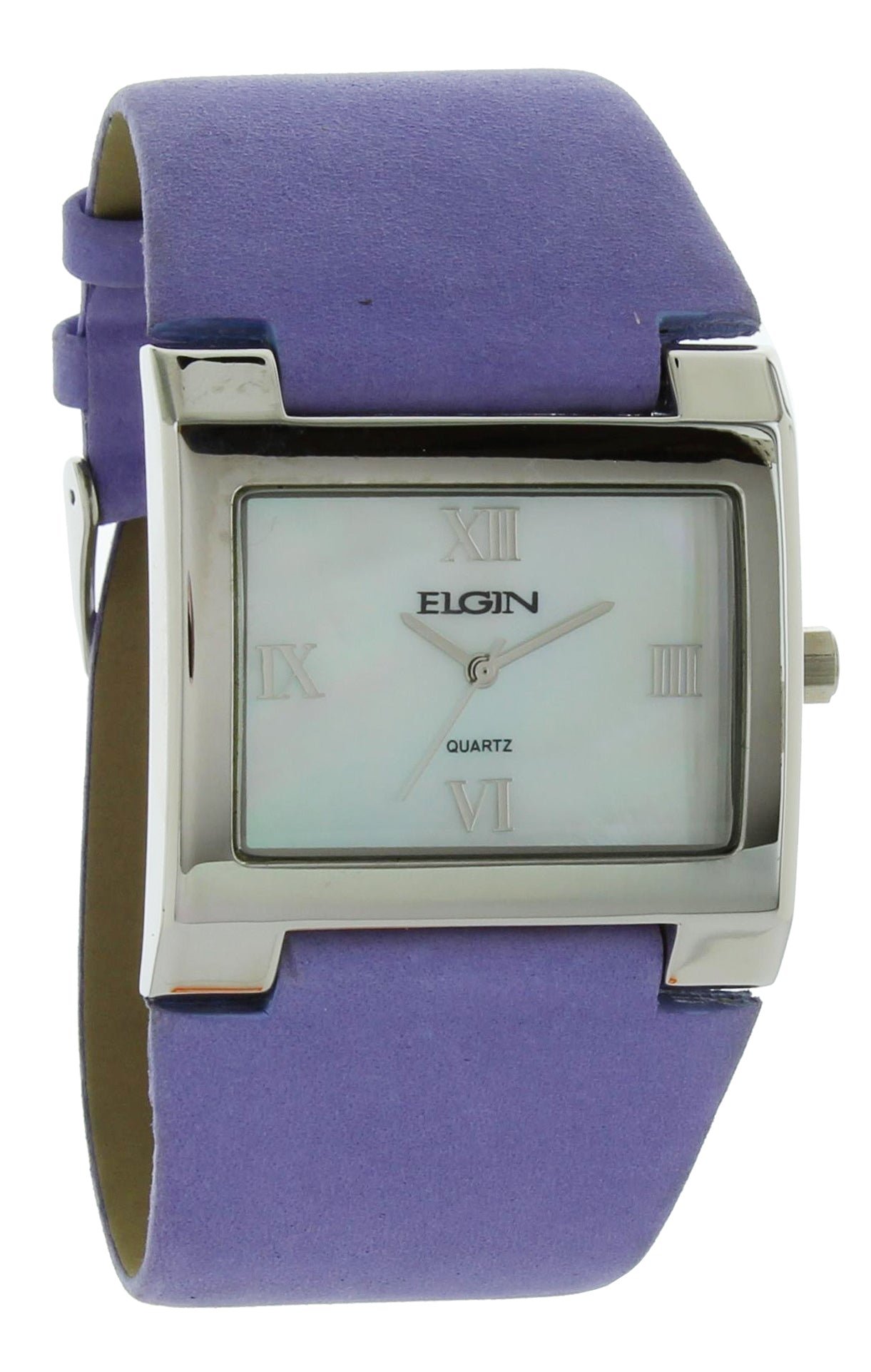 Model: Women's Elgin Watch with Silver Case and White Dial with Light Purple Leather Strap