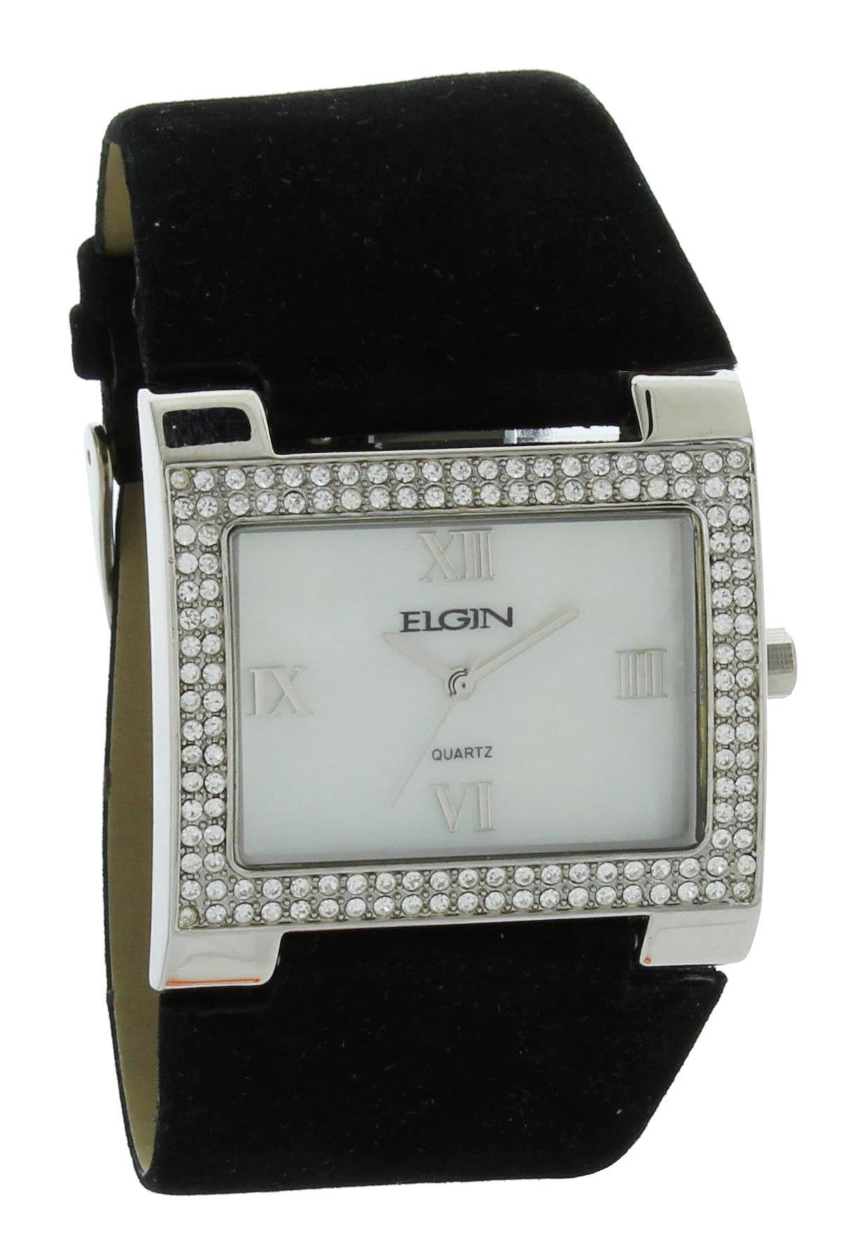 Model: Women's Elgin Watch with Stone Case and White Dial with Black Suede Strap