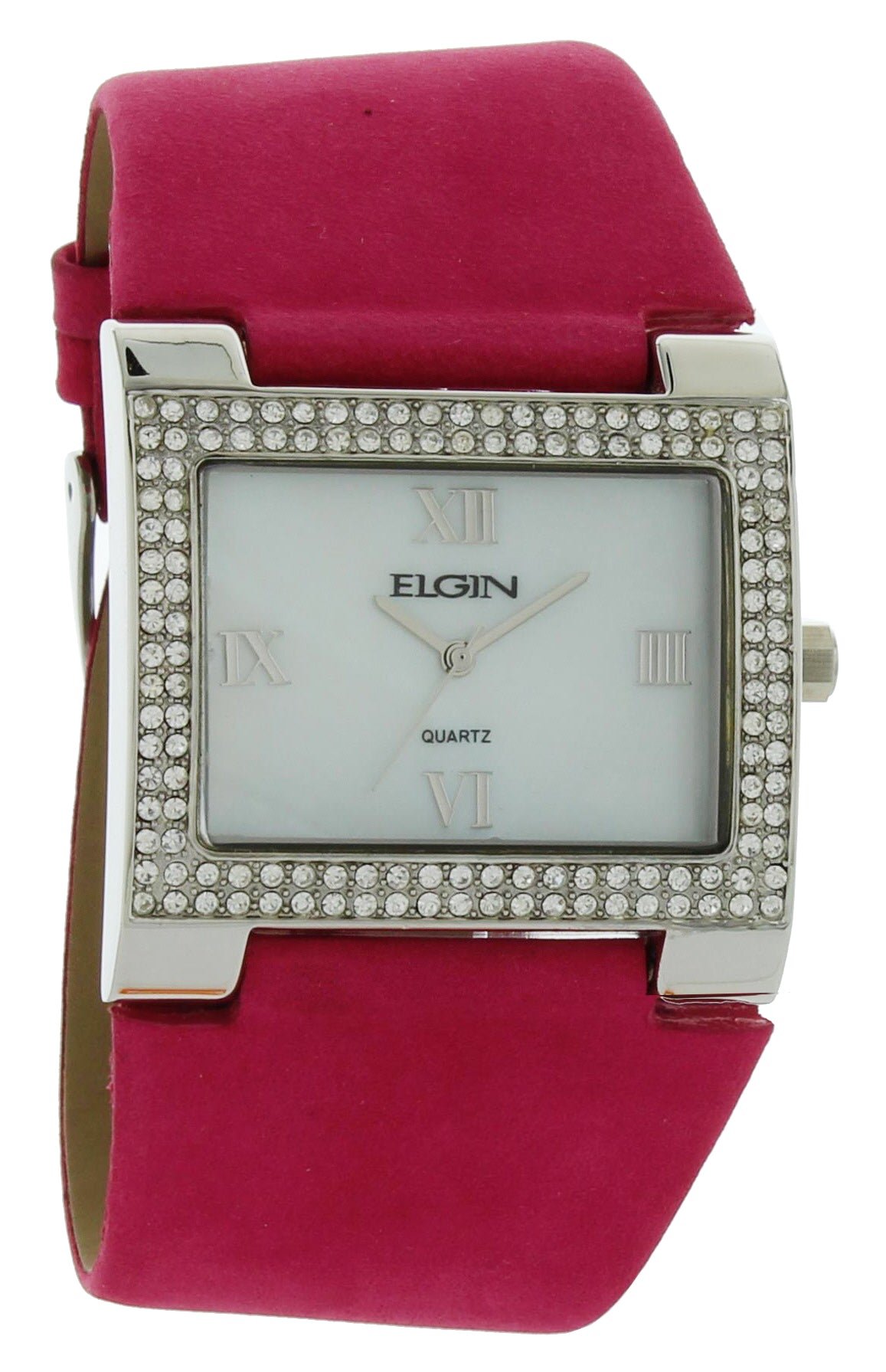 Model: Women's Elgin Watch with Stone Case and White Dial with Hot Pink Leather Strap