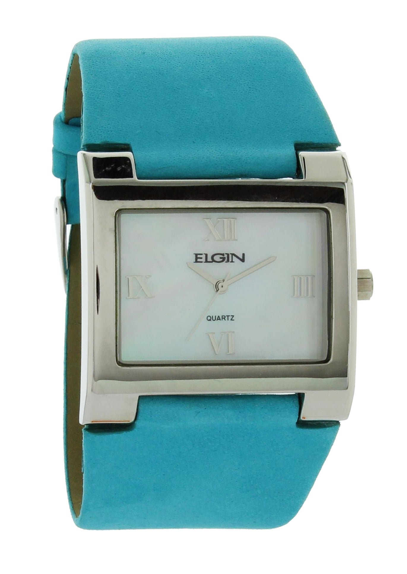 Model: Women's Elgin Watch with Stone Case and White Dial with Light Blue Leather Strap