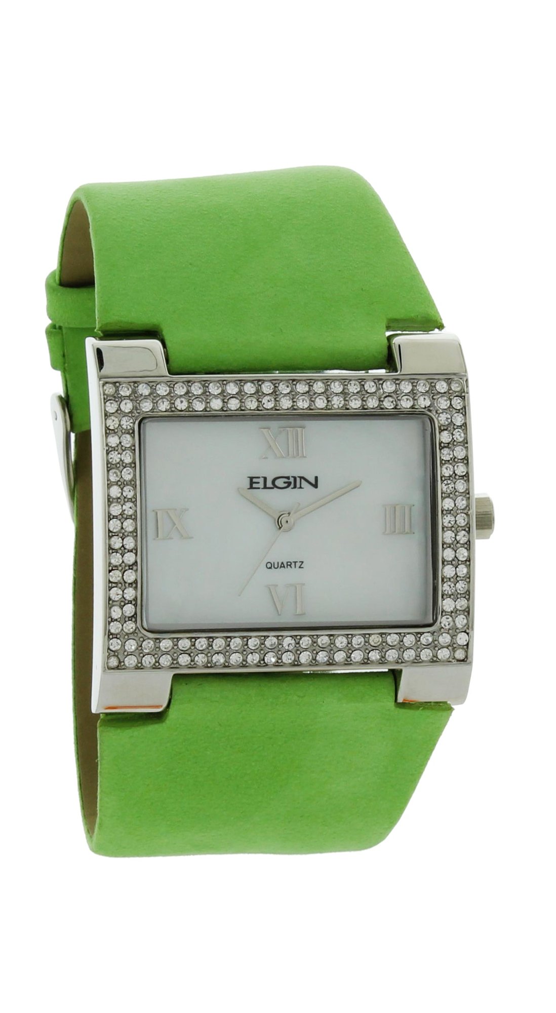 Model: Women's Elgin Watch with Stone Case and White Dial with Lime Green Leather Strap