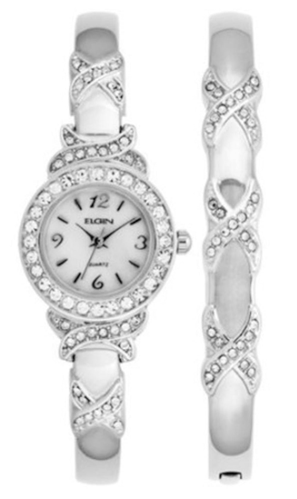 Model: Women's Elgin XO Watch And Bracelet Bangle Set in Silver Tone