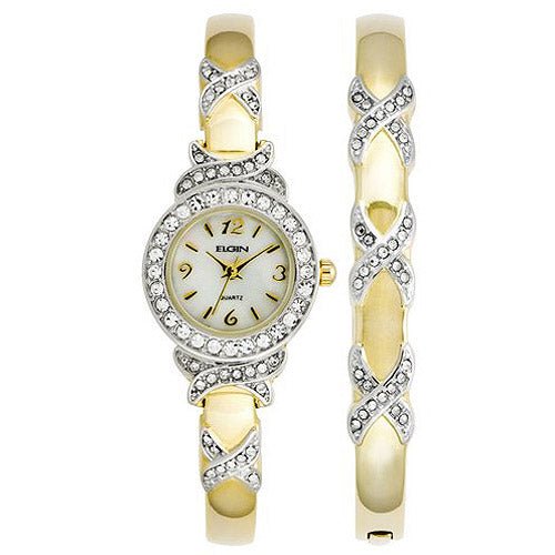 Model: Women's Elgin XO Watch and Bracelet Bangle Set with Genuine Crystals